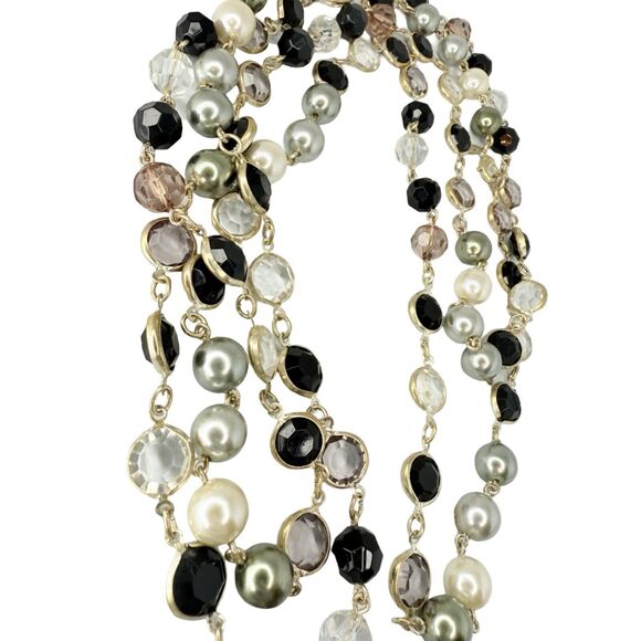 Vintage Black & White Rivoli Beaded Layering Necklace 60" Silver Tone - Picture 9 of 12